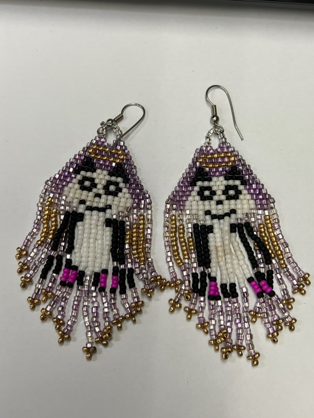 Handmade Beaded Purple Panda Fringe Earrings